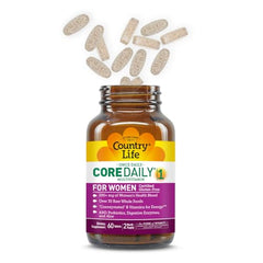 Country Life Women's Core 1 tablets close-up highlighting easy daily capsule intake.