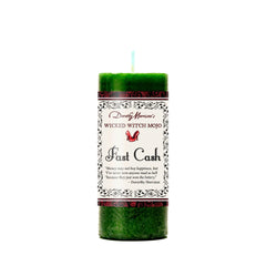 Coventry Creations Fast Cash Wicked Witch Candle green close-up for focused ambiance with cedarwood honeysuckle