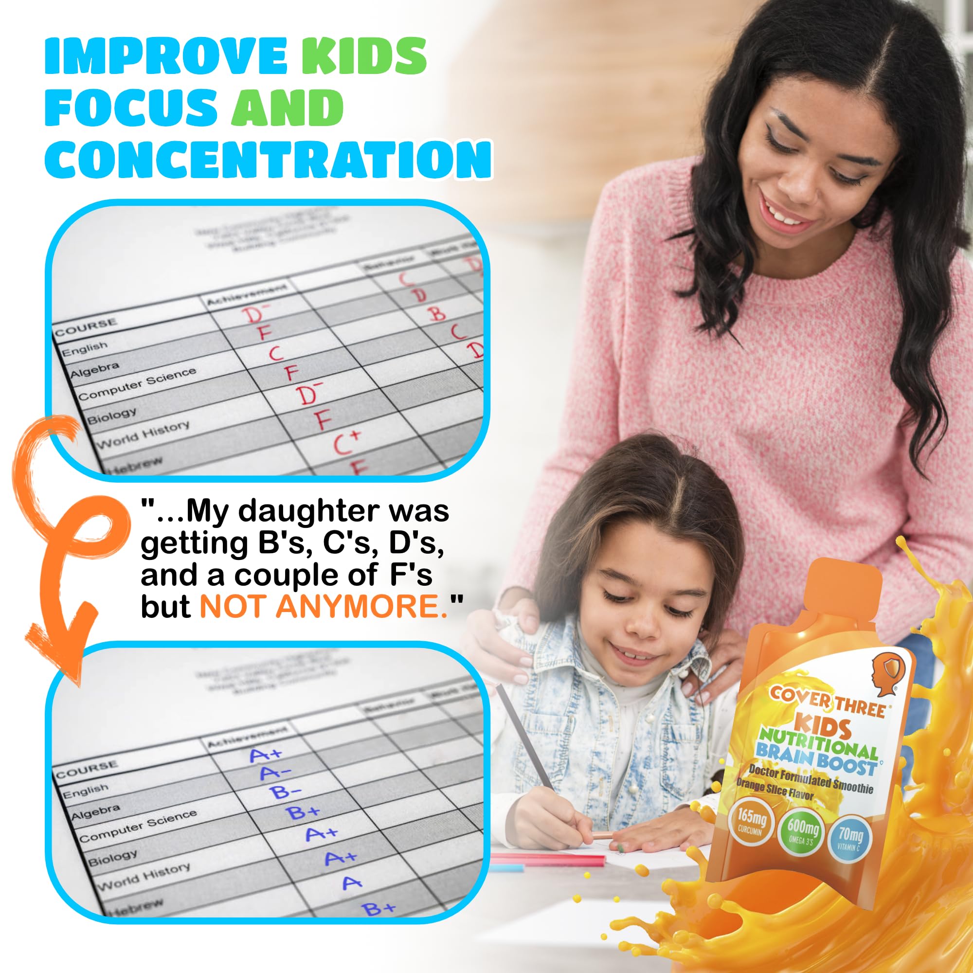Cover Three Focus kids supplement pouch ready for study sessions