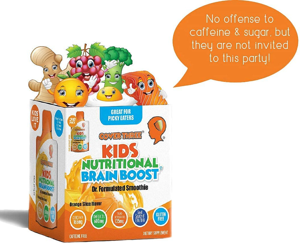 Cover Three kid-friendly supplement packaging on a kitchen counter