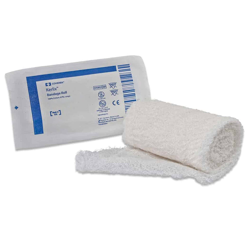 Covidien Kerlix gauze bandage roll in sterile pouch for fast wicking and breathable protection.