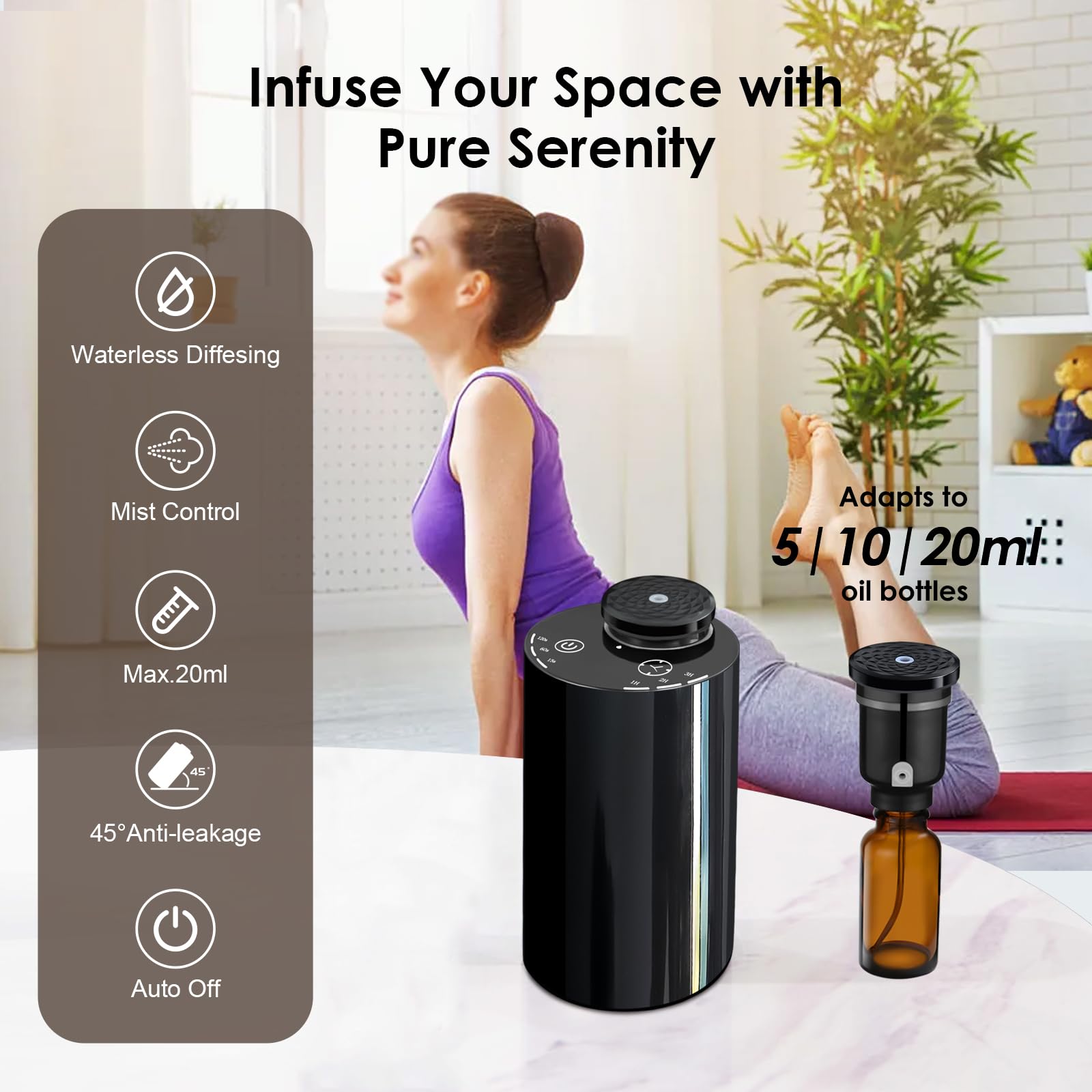 Covozon waterless diffuser in bedroom scene emphasizes mood lighting and fragrance