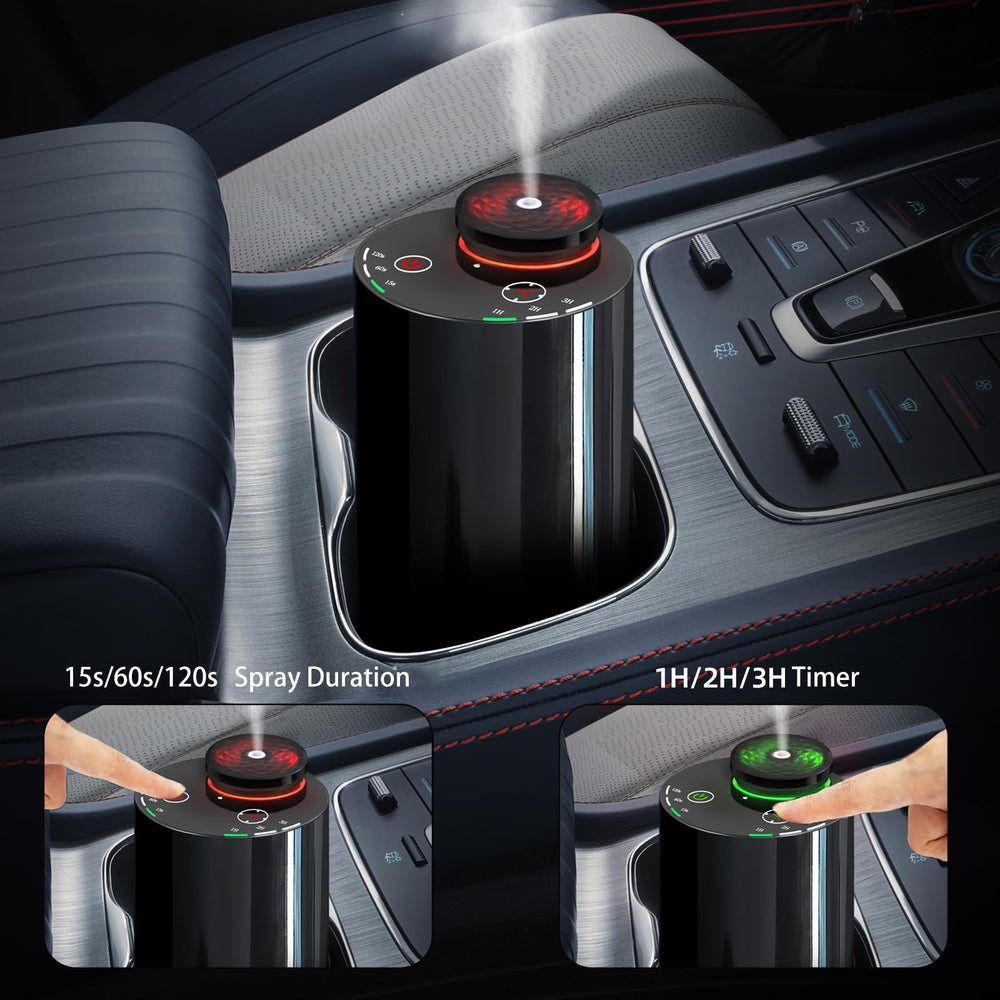 Covozon waterless diffuser in car setup demonstrates portable aromatherapy on the go
