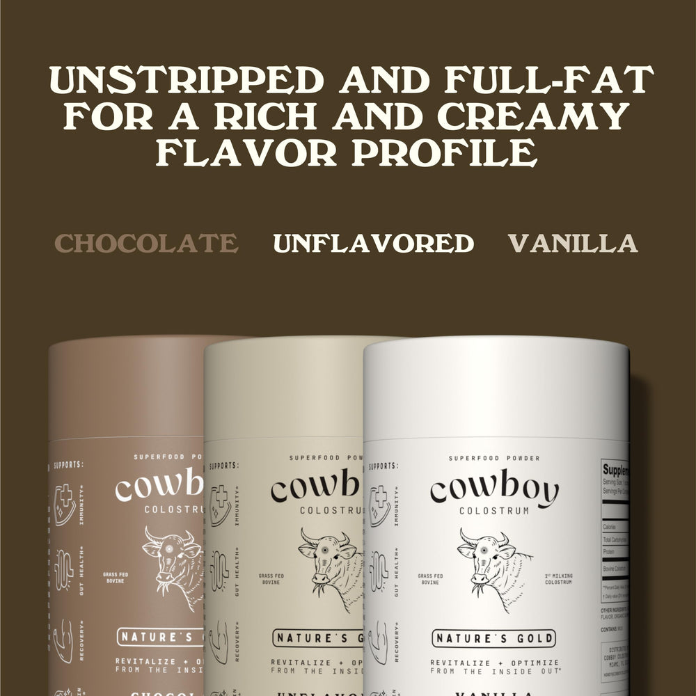 Cowboy Colostrum powder bottle and label signaling premium, grass-fed origin.