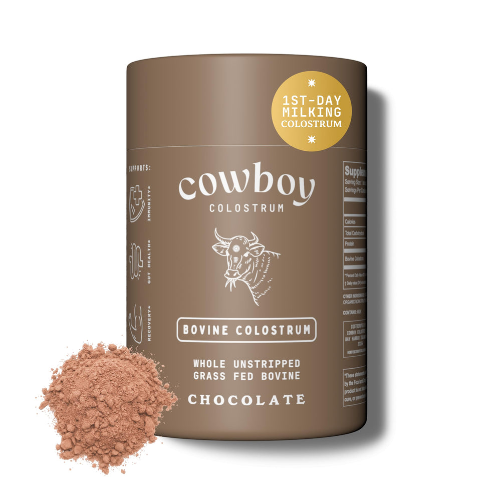Cowboy Colostrum powder chocolate tin highlights full-fat formula for gut and immune health support