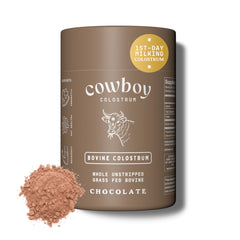 Cowboy Colostrum powder chocolate tin highlights full-fat formula for gut and immune health support