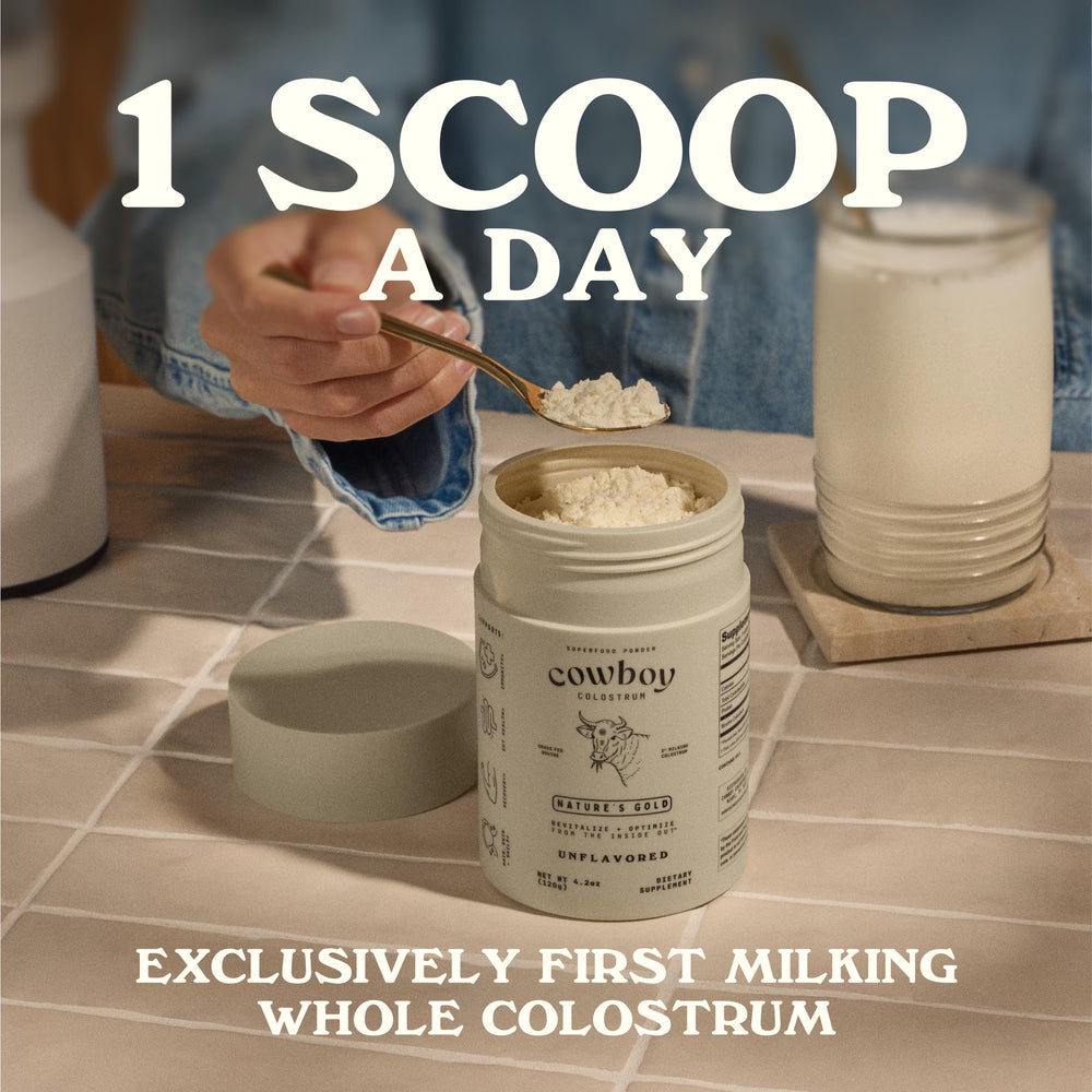 Cowboy Colostrum powder from grass-fed cows emphasizing ethical sourcing.