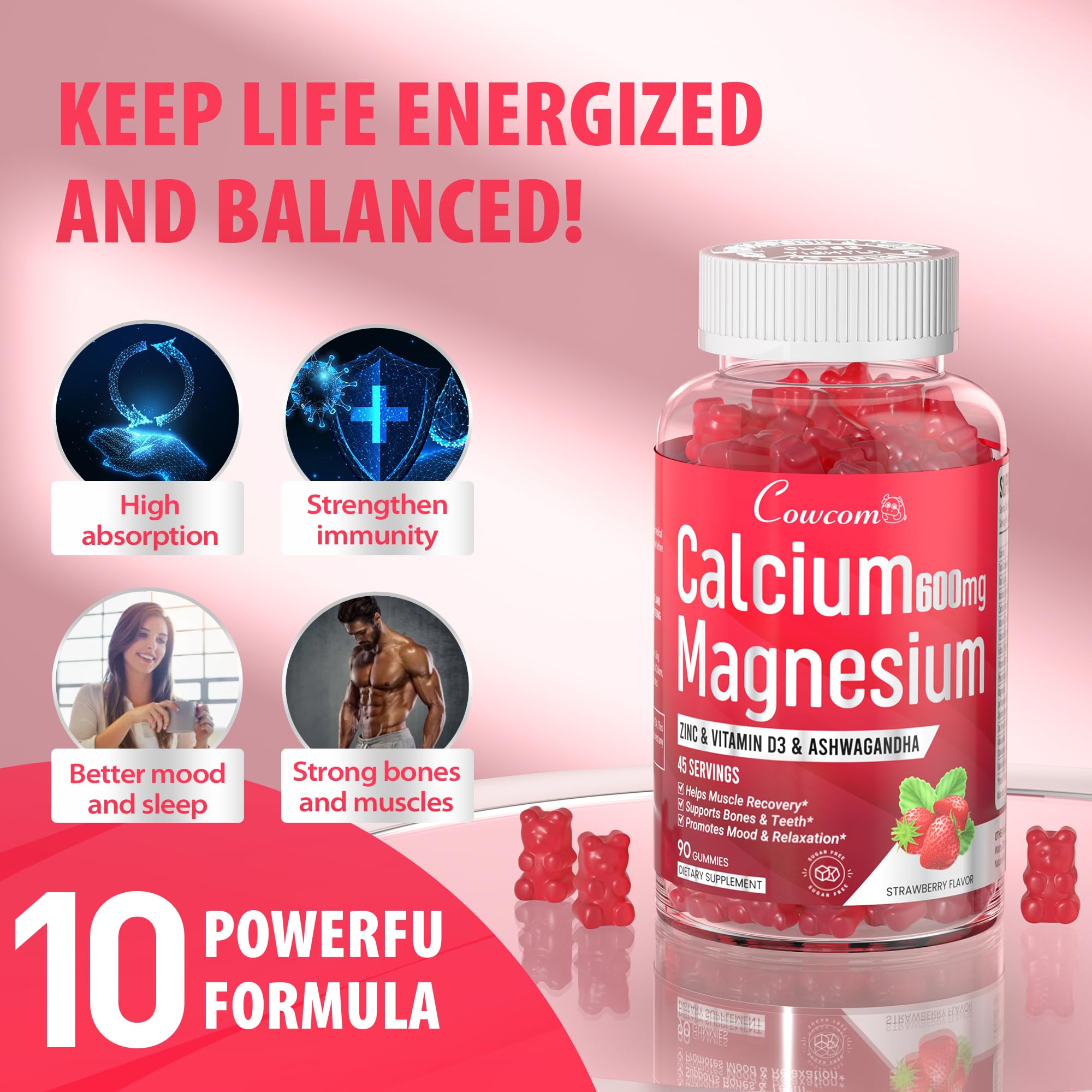 Cowcom bottle with ingredients highlights calcium and vitamin D3 benefits