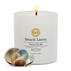 Cozy Room Candles Beach Linen 8oz jar creates a calming, beach-inspired atmosphere.