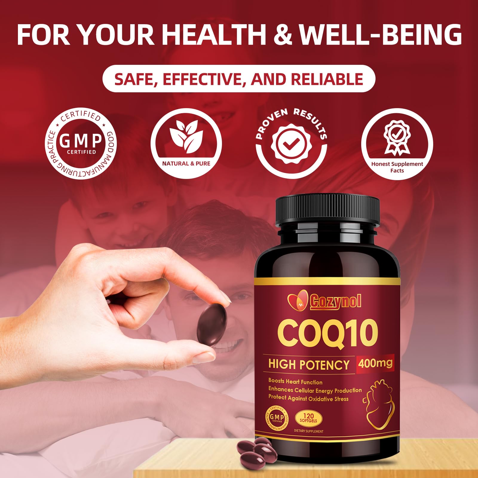 Cozynol CoQ10-400mg softgels on the counter suitable for daily routine