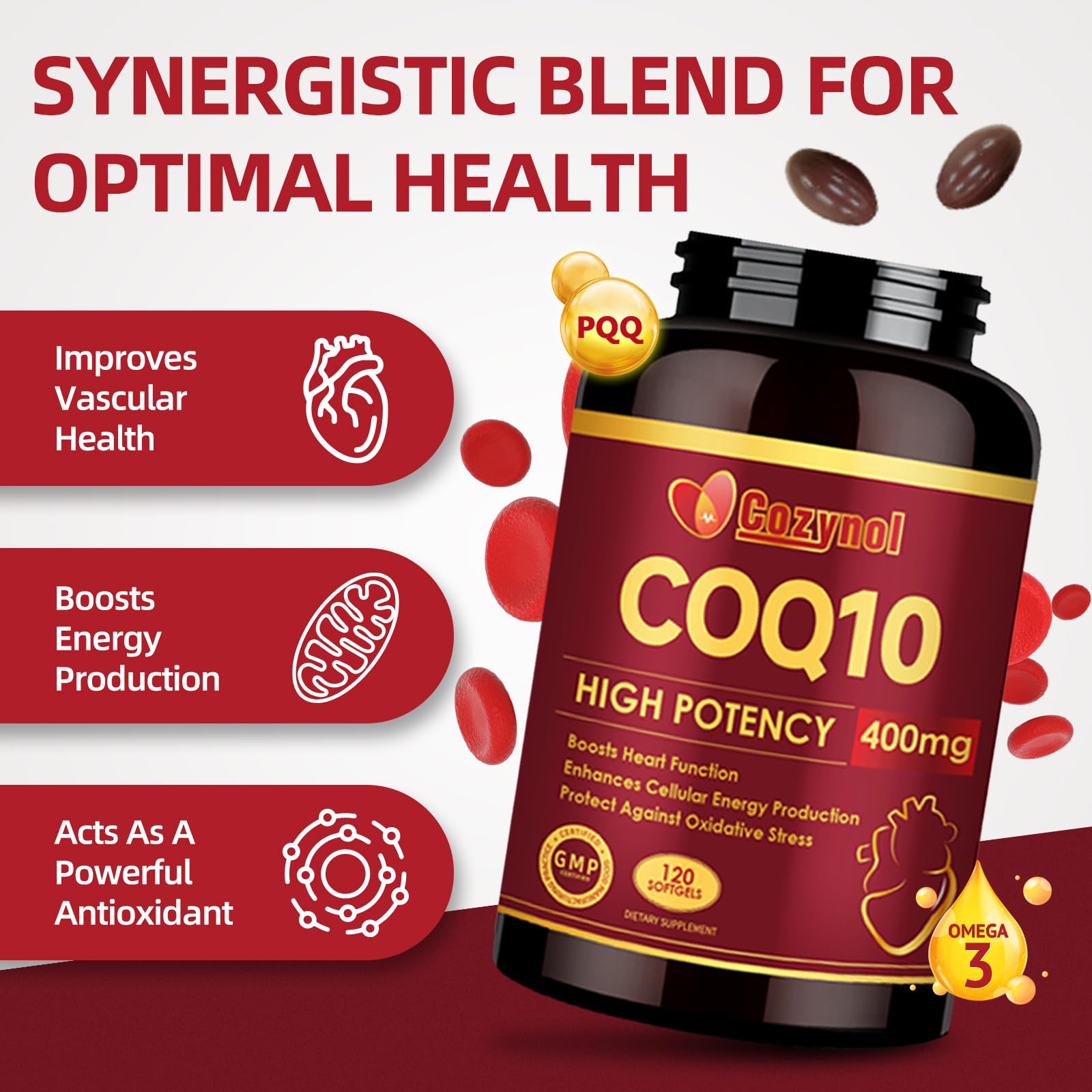 Cozynol CoQ10-400mg softgels bottle label featuring PQQ for energy support