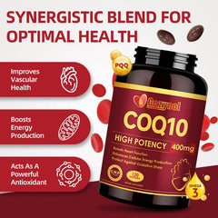Cozynol CoQ10-400mg softgels bottle label featuring PQQ for energy support