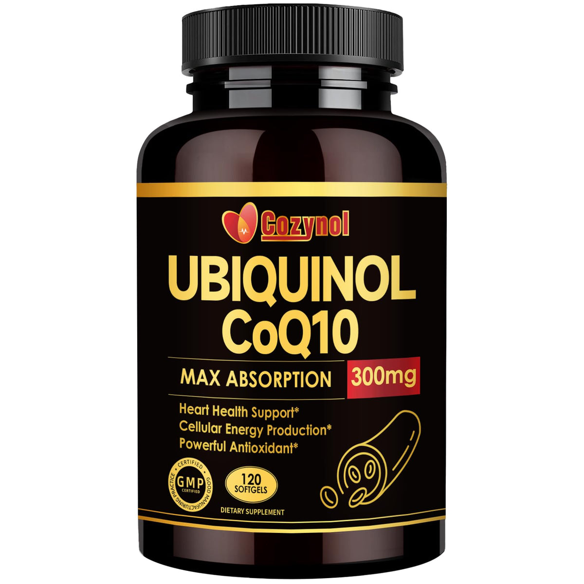 Cozynol ubiquinol softgels front label, premium blend for daily antioxidant support