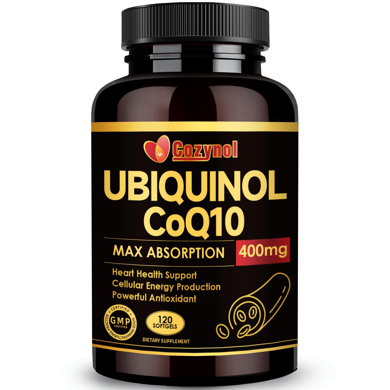 Cozynol Ubiquinol 400mg softgels bottle for daily energy support.