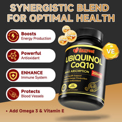 Cozynol ubiquinol bottle shows vitamin E boost for cellular support.