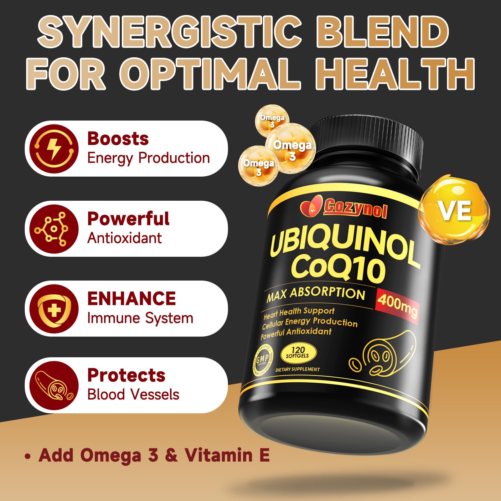 Cozynol Vitamin E softgels bottle emphasizes added antioxidant support.