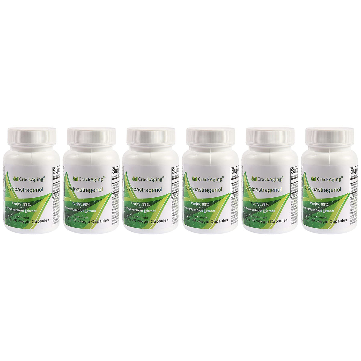 Crackaging Cycloastragenol bottle front with 98% purity and immune support