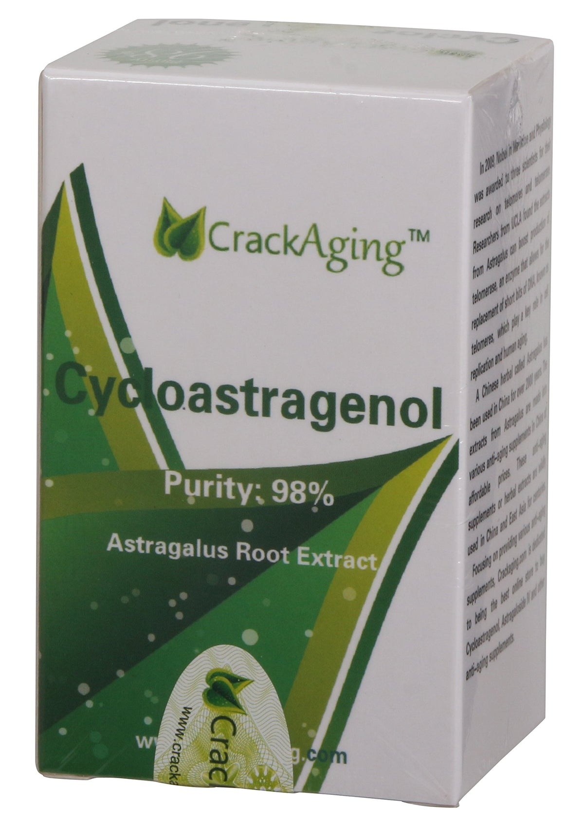 Crackaging Cycloastragenol bottle shows high-bioavailability formulation for absorption.