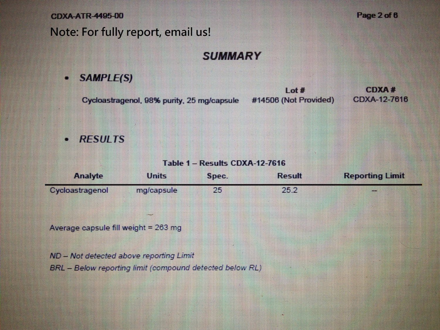 Crackaging Cycloastragenol lab report indicating third-party testing