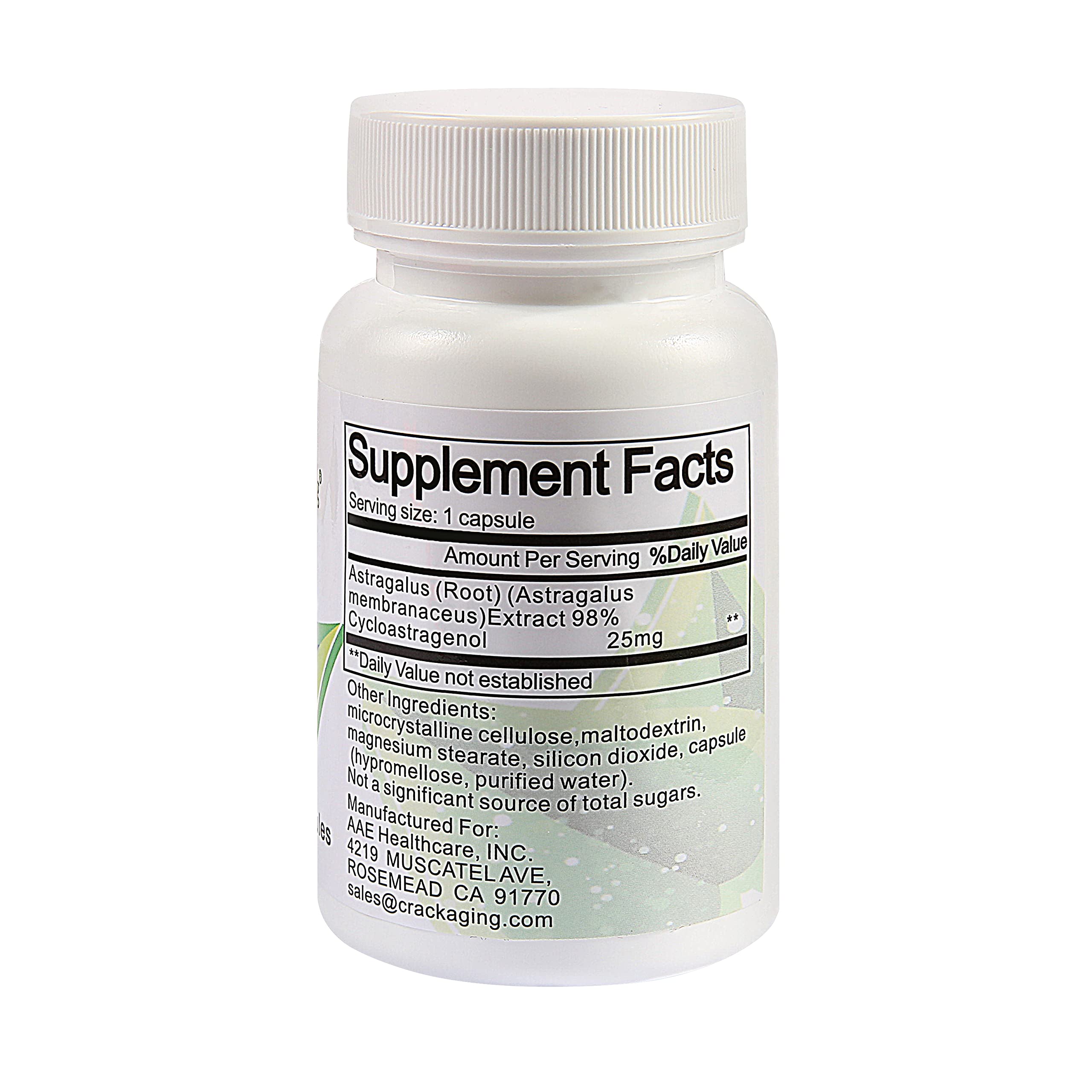 Crackaging Cycloastragenol capsules close-up highlighting vegetarian delivery.