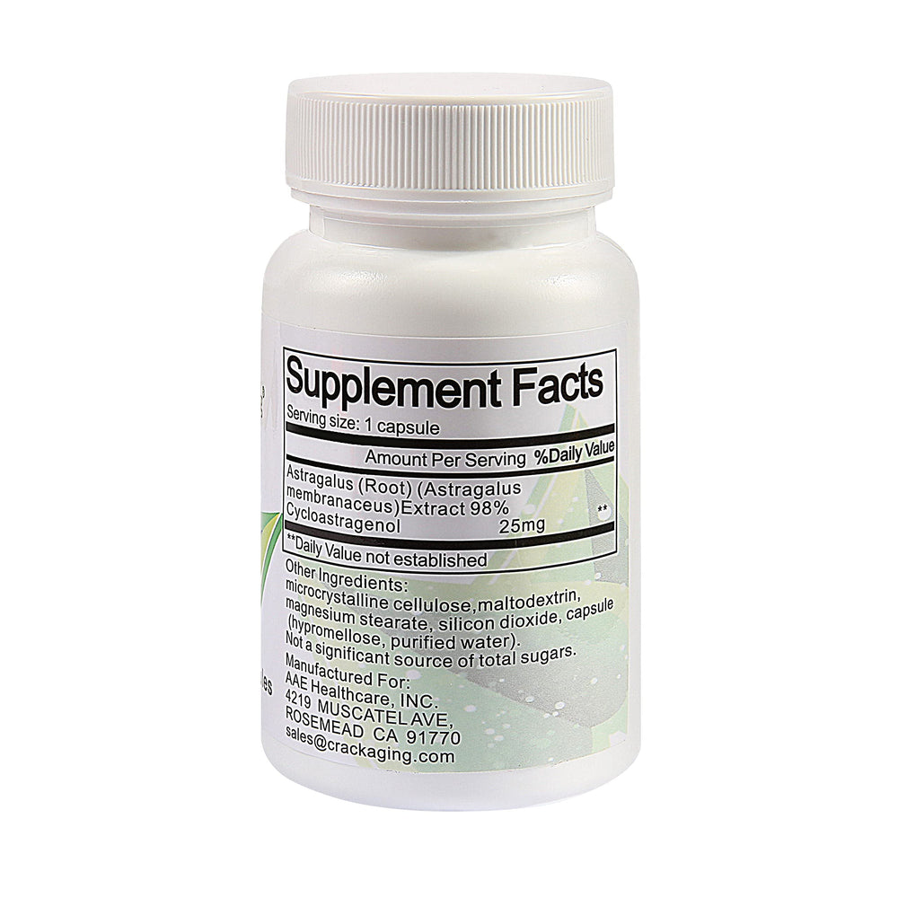 Crackaging Cycloastragenol capsules close-up highlighting vegetarian delivery.