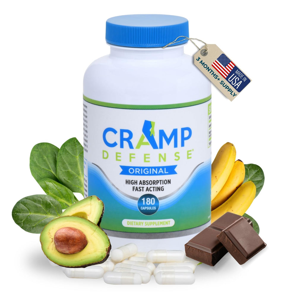 Cramp Defense bottle front view highlighting a US made magnesium supplement for daily leg cramps relief.