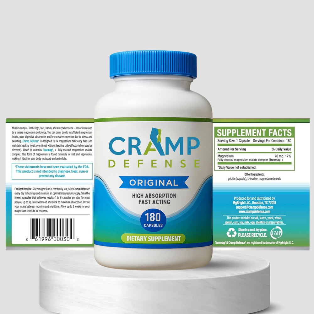 Cramp Defense dosage chart closeup illustrates daily capsule guidance for use.