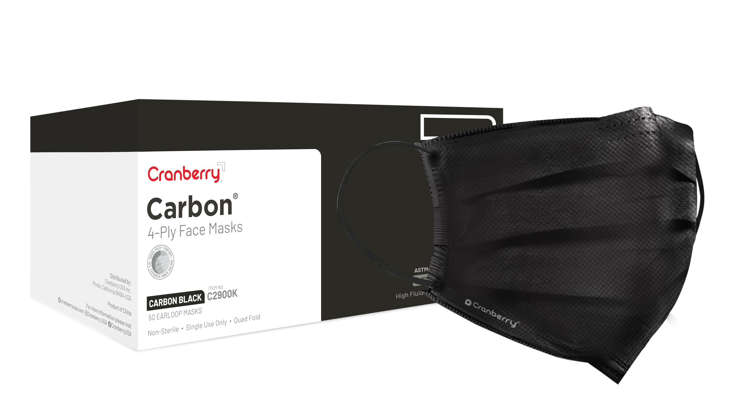 Cranberry USA C2900K black carbon earloop mask front view with secure fit.