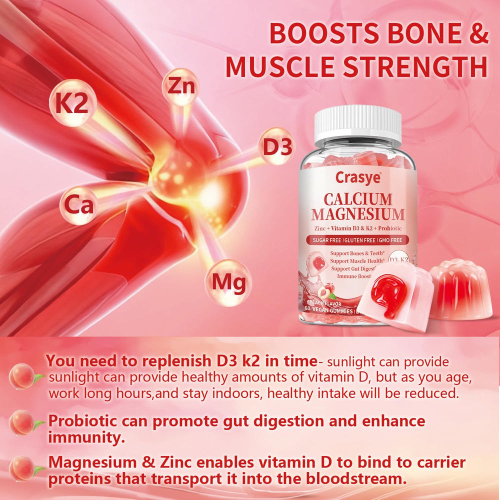 Close-up label shows D3, K2, and probiotics in Crasye gummies.
