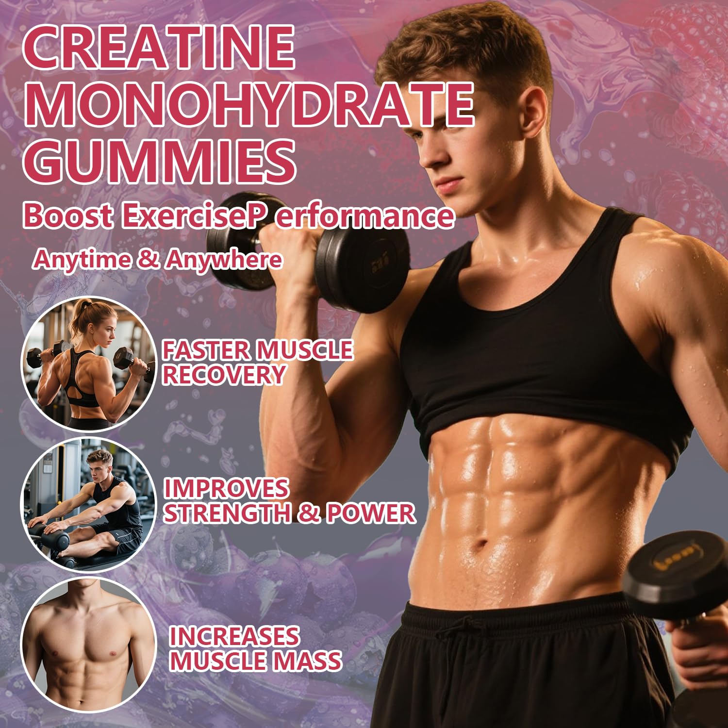 Crasye Creatine Monohydrate Gummies close-up texture and juicy berry appearance