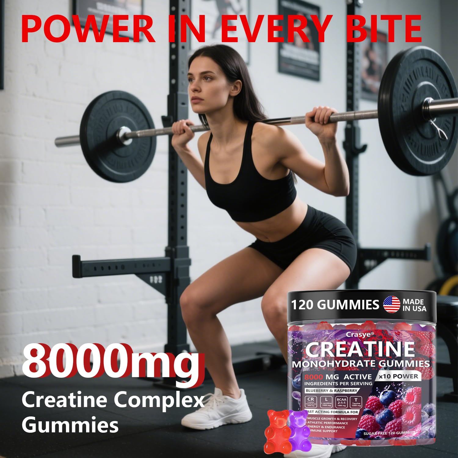 Crasye Creatine Monohydrate Gummies dispensing action illustrating easy daily dosing