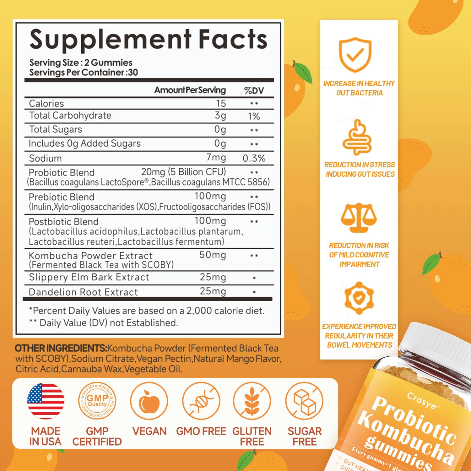 Crasye gummies ingredients close-up showing probiotics and slippery elm for gut wellness
