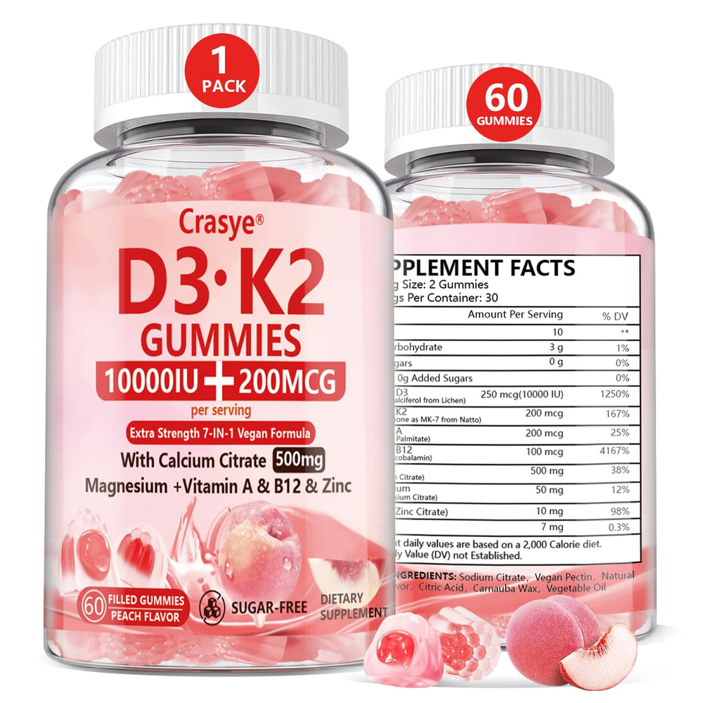 Crasye D3 K2 peach gummies in bottle for daily bone support.