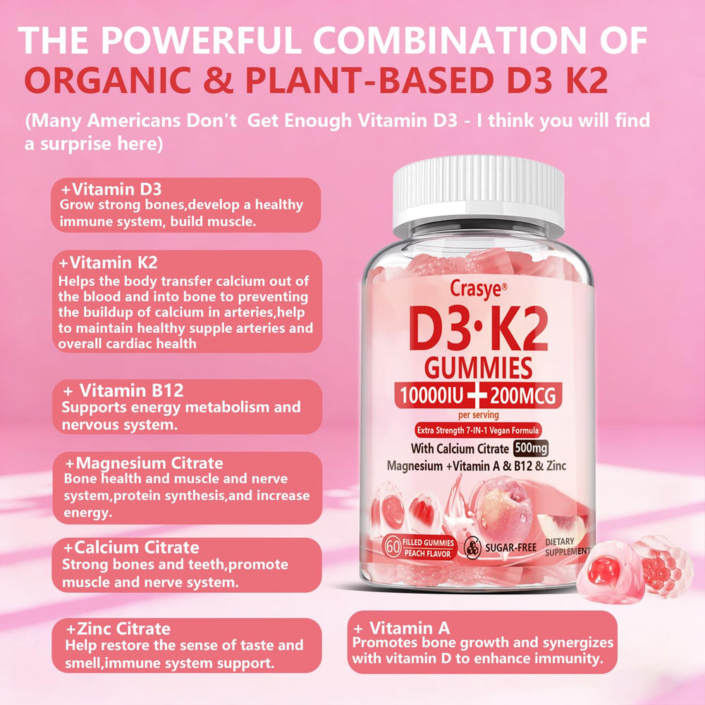 Serving of Crasye D3 K2 gummies with B12 for energy support.