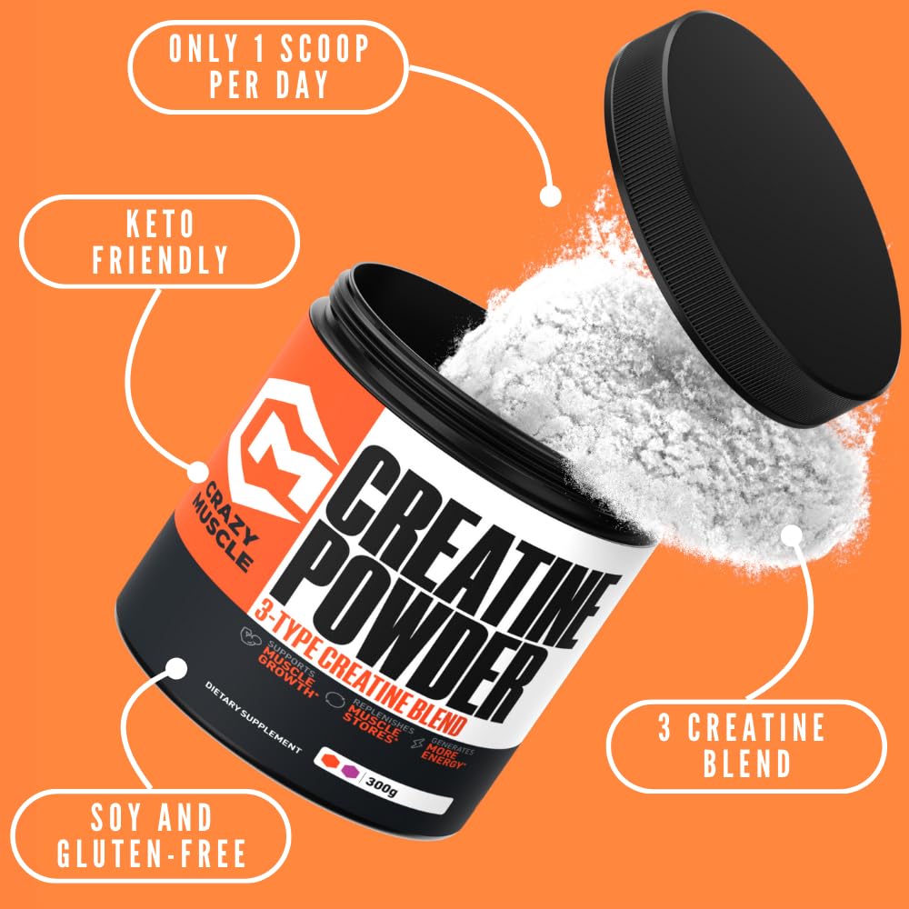 Crazy Muscle Creatine Monohydrate Powder 5g serving supports strength and power