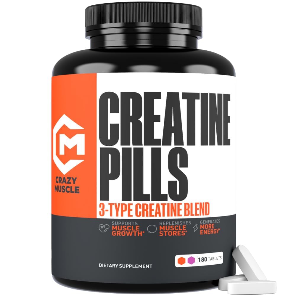 Crazy Muscle Creatine Pills bottle showing 180 tablets for long-term training support.
