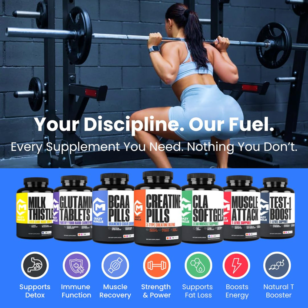 Keto-friendly label on Crazy Muscle Creatine Pills packaging.