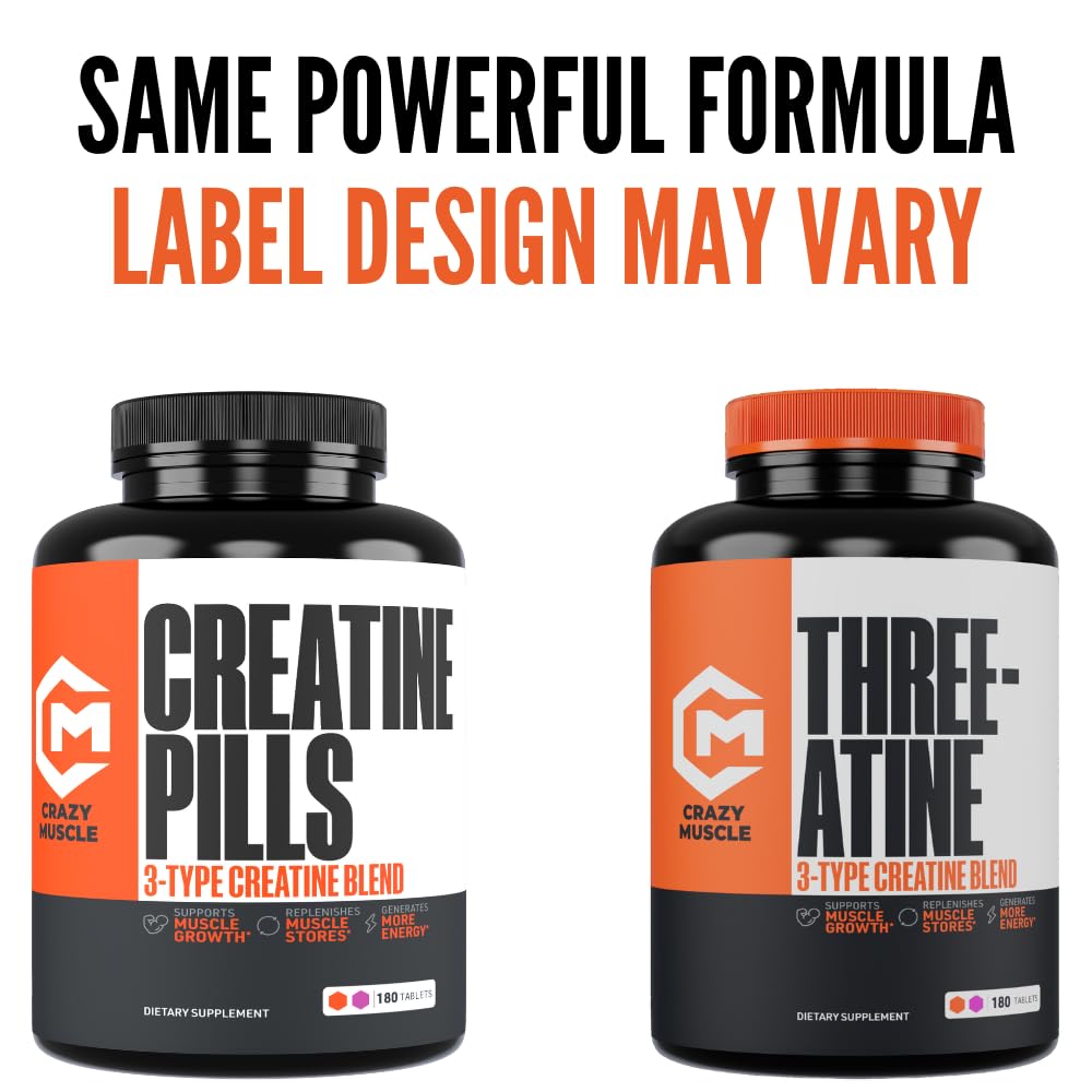 Made in USA GMP-compliant facilities emblem beside Crazy Muscle Creatine Pills.