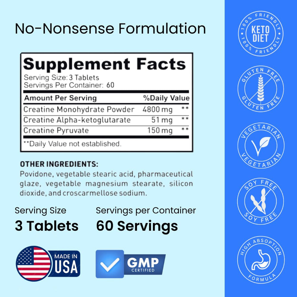 Serving-size visual with three tablets per dose for sixty servings.