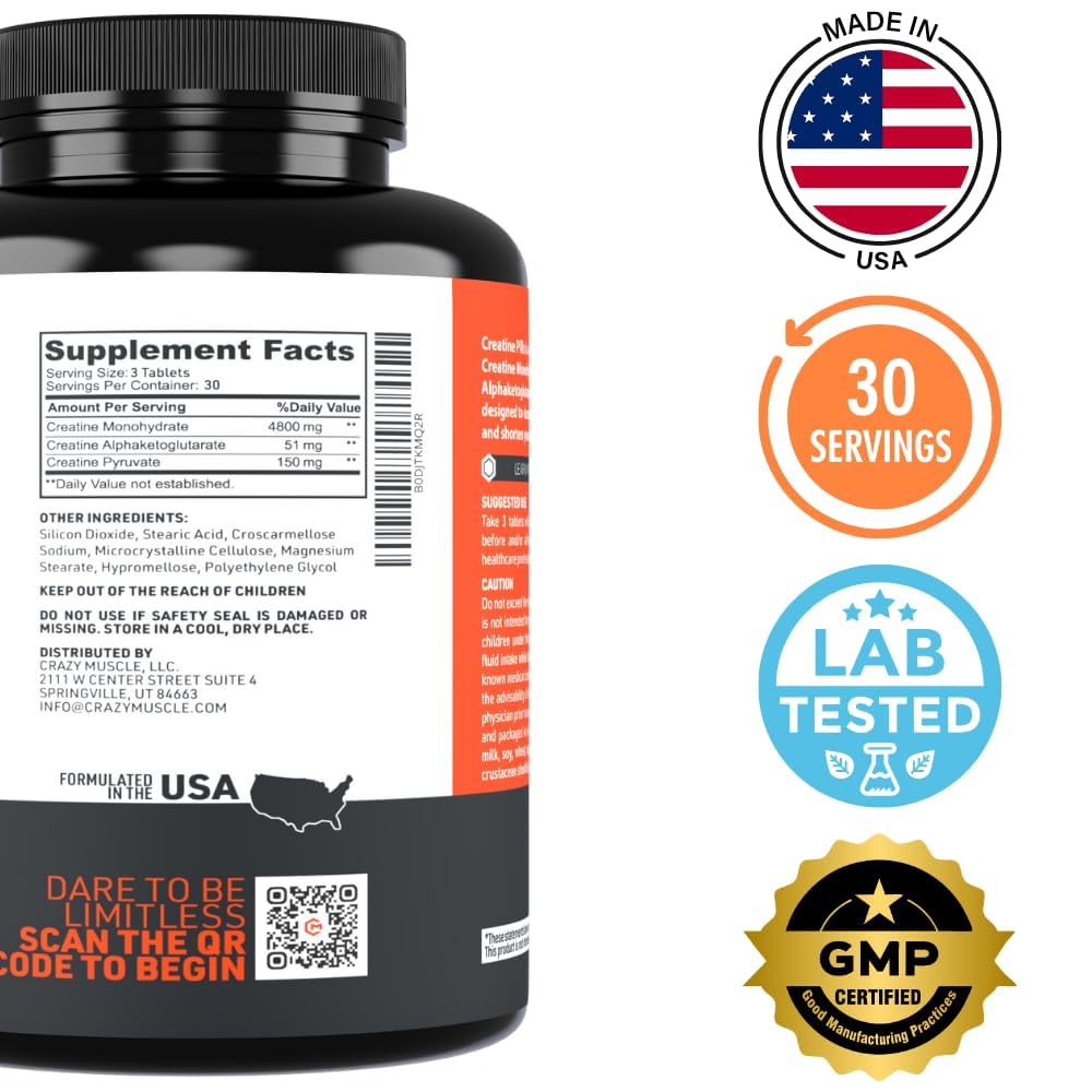 Crazy Muscle ThreeAtine tablets close-up highlighting sugar-free and gluten-free formula.