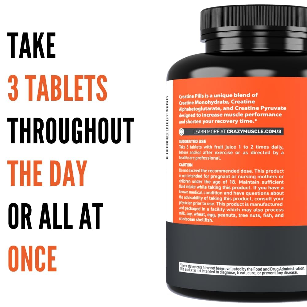 Crazy Muscle Creatine pills bottle shown for convenient gym dosing before or after training.