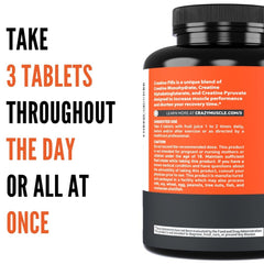 Crazy Muscle Creatine pills bottle shown for convenient gym dosing before or after training.