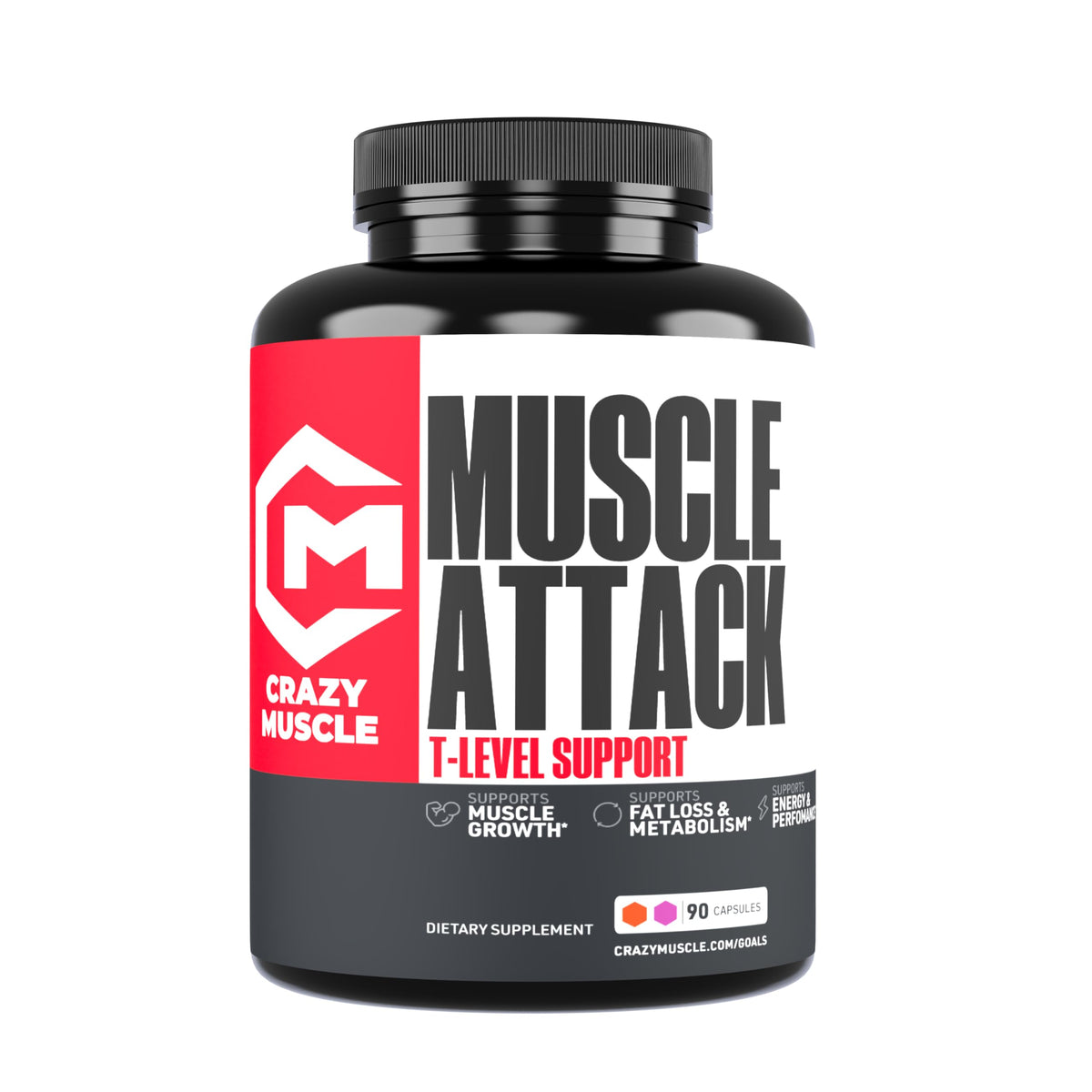 Crazy Muscle Muscle Attack bottle front for testosterone support during workouts.