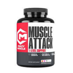 Crazy Muscle Muscle Attack bottle front for testosterone support during workouts.
