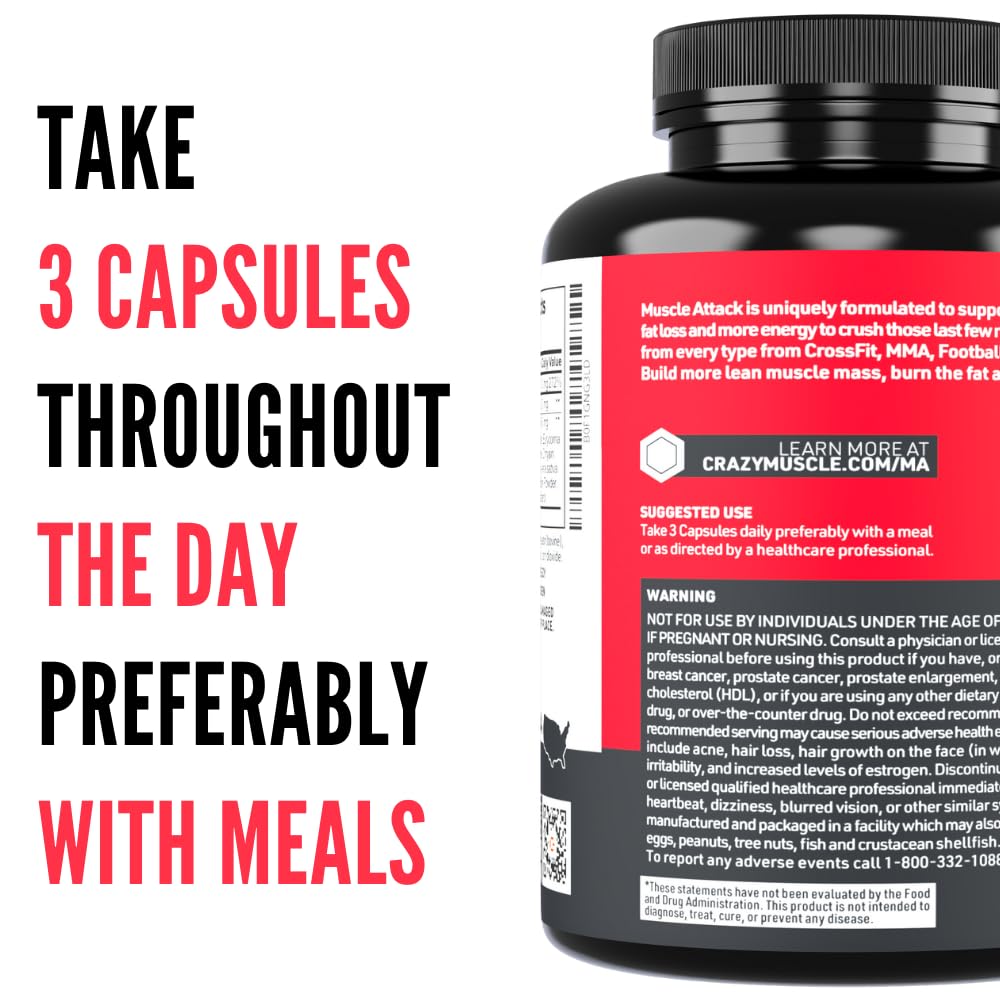 Crazy Muscle Muscle Attack label design highlighting the non-stimulant formula for active men.