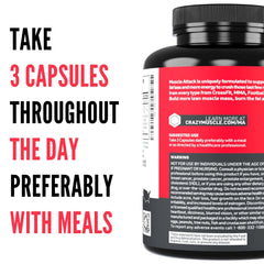 Crazy Muscle Muscle Attack label design highlighting the non-stimulant formula for active men.