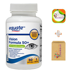 Create and Bundle Equate Vision Formula 50+ soft gels bottle for daily eye support.