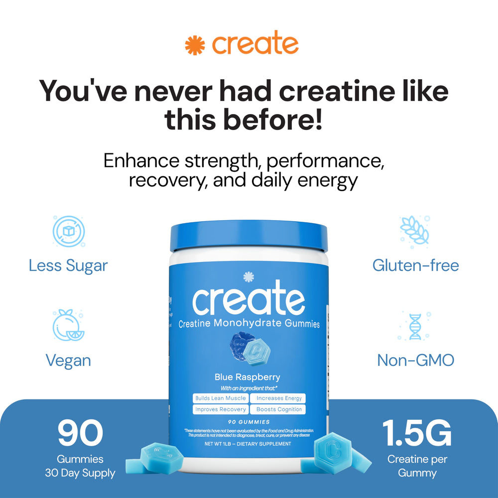 Close-up of Create Creatine Monohydrate Gummies highlighting texture and blue raspberry flavor