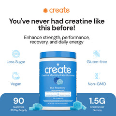 Close-up of Create Creatine Monohydrate Gummies highlighting texture and blue raspberry flavor