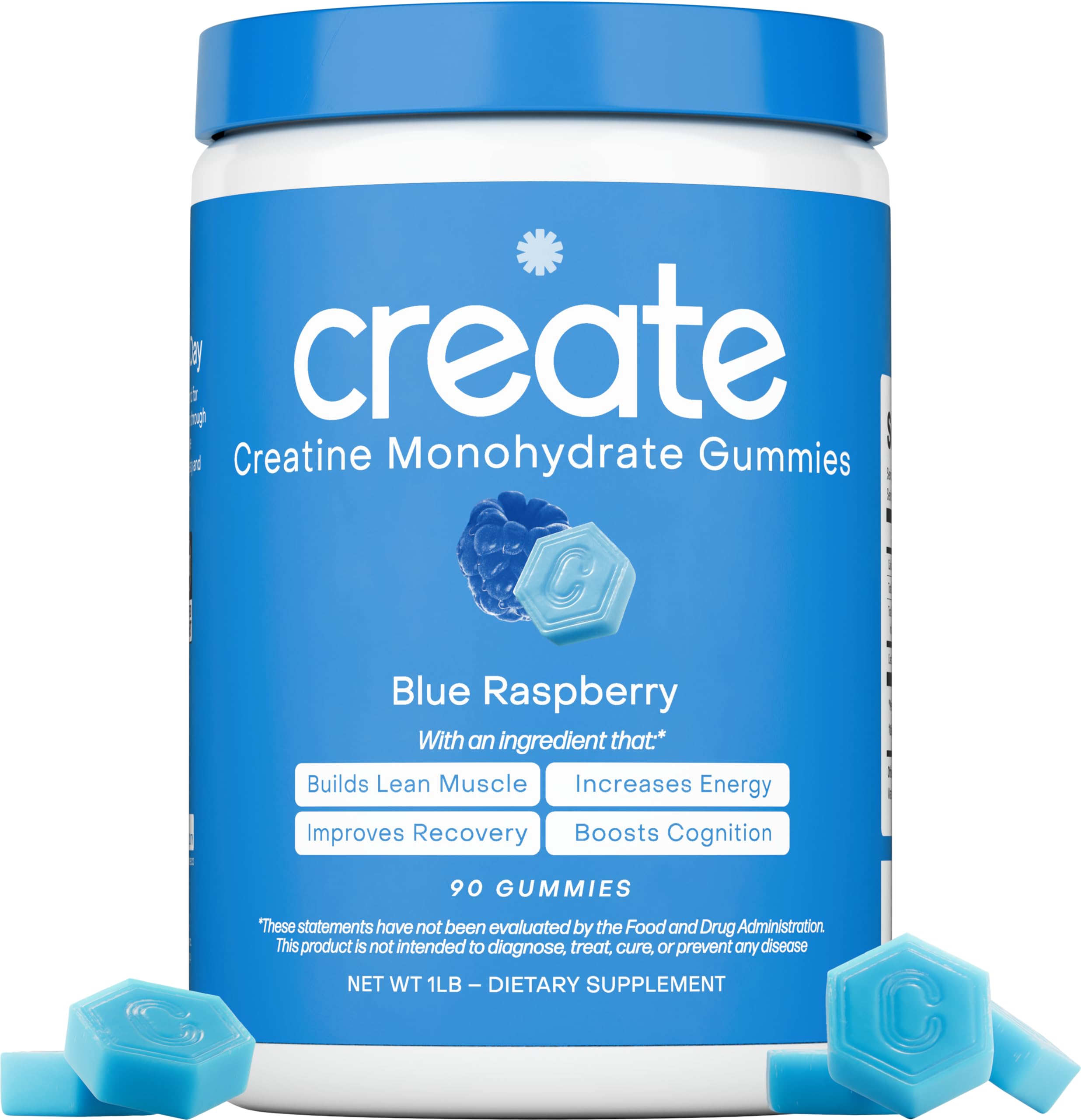 Create Creatine Monohydrate Gummies blue raspberry packaging front for on-the-go energy